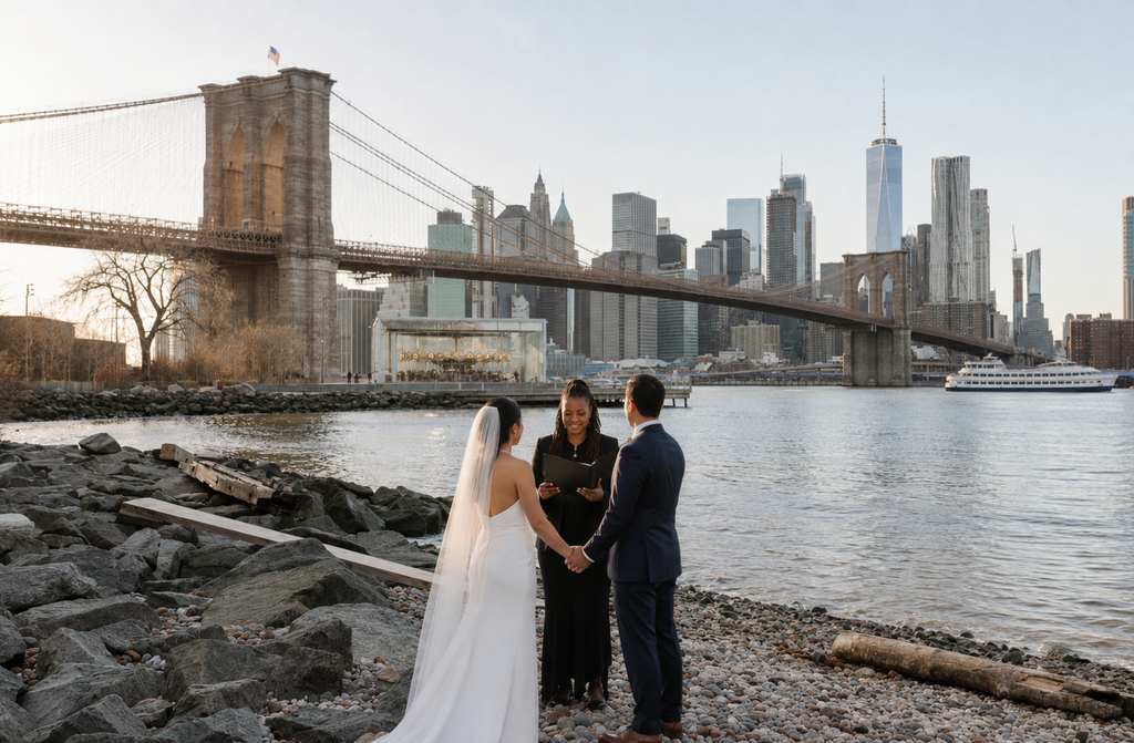 Cérémonie de Mariage avec officiant à Dumbo, face au pont de brooklyn