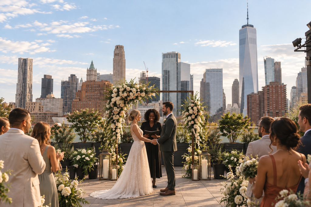 Cérémonie de Mariage sur un rooftop de New Jersey city avec manhattan en arrière plan